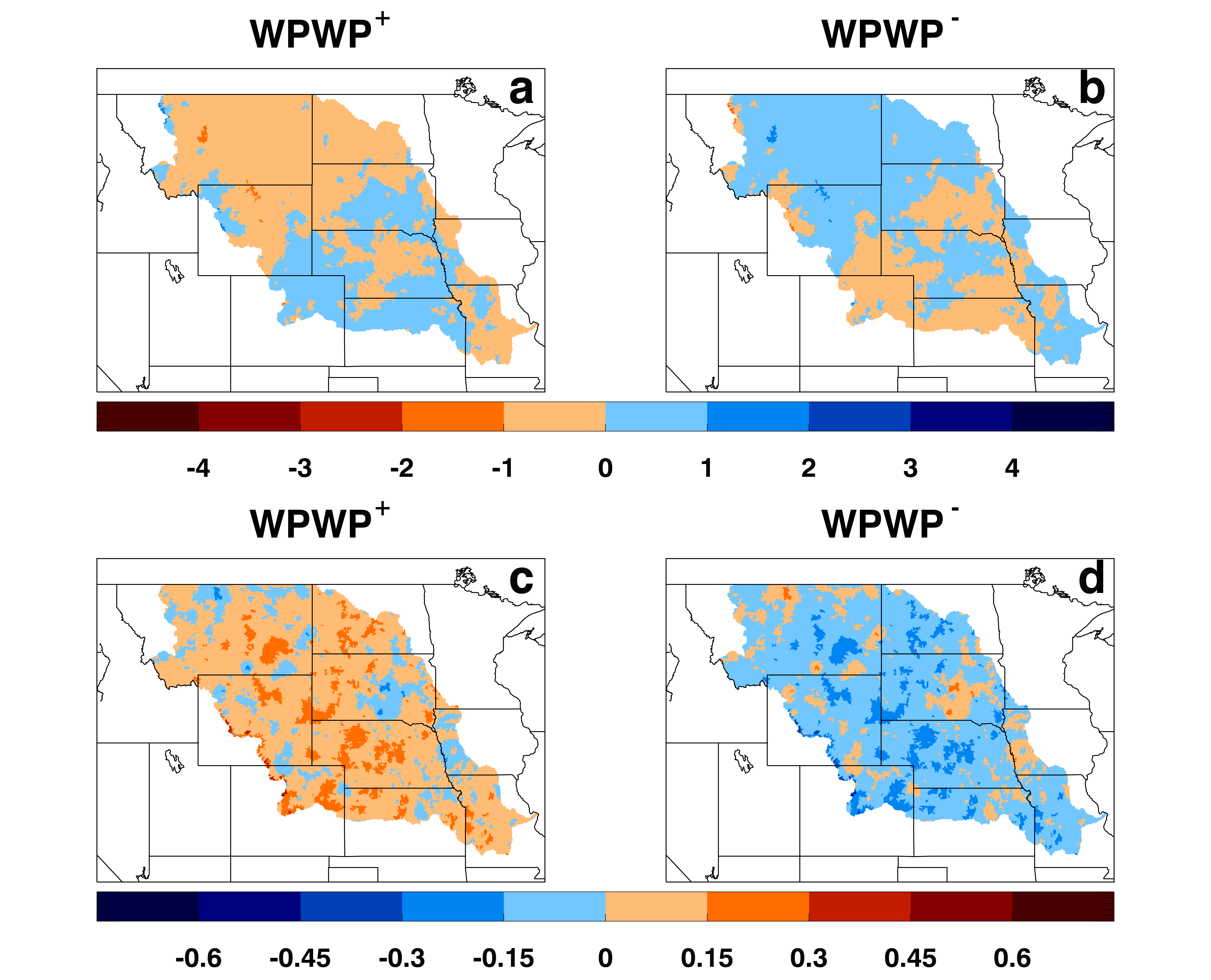 Figure 3:  Annual-average precipitation (mm/day) and daily maximum temperature (°C)  anomalies associated with (a) WPWP+, precipitation, (b) WPWP-, precipitation, (c) WPWP+,  temperature, and (d) WPWP-, temperature.  